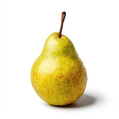 A single, ripe yellow pear with a brown stem, glistening with water droplets, is shown against a clean white background, casting a subtle shadow