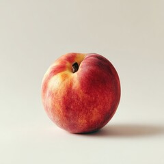 A single ripe peach, blush-toned skin with subtle red hues, sits on a minimalist off-white background, casting a soft shadow