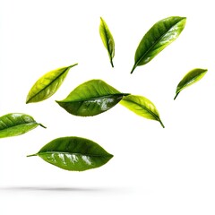 Several vibrant green leaves, seemingly suspended in mid-air against a stark white background, cast a subtle shadow below