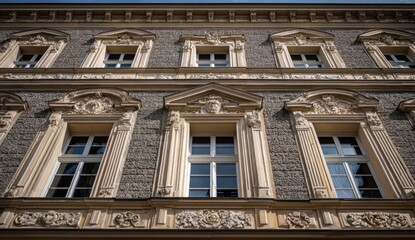 Obraz premium Ornate stone building facade with numerous windows and decorative trim