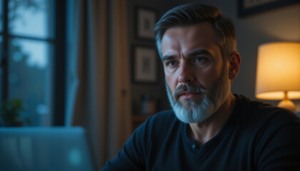 Mature man with a beard attentively participating in a video call at home in the evening