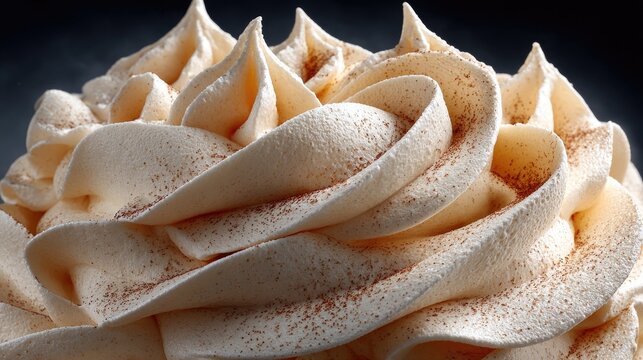 Creamy whipped topping swirls, light beige, sprinkled with spice