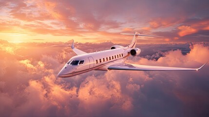 A private jet soars through a sky filled with clouds colored by the light of the sun