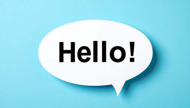 White speech bubble with HELLO text in bold black font, plain pastel blue background.