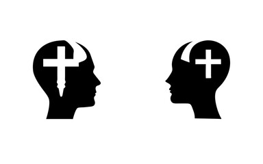 Two black head silhouettes facing each other with a white cross inside the head on a white background