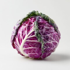 Obraz premium A red cabbage with white veins and green warty outer leaves rests on a white surface casting a shadow