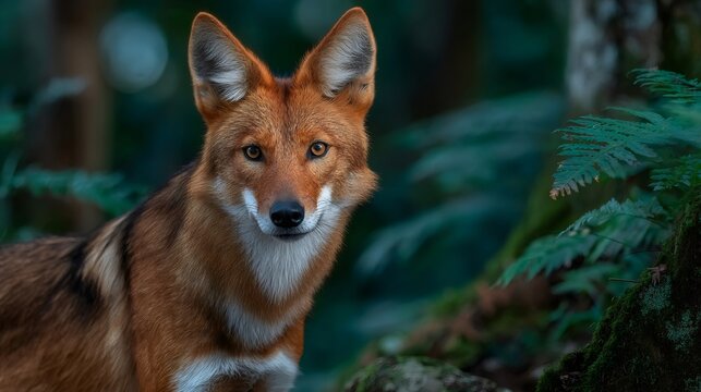 Dhole asiatic wild dog standing in forest looking at viewer