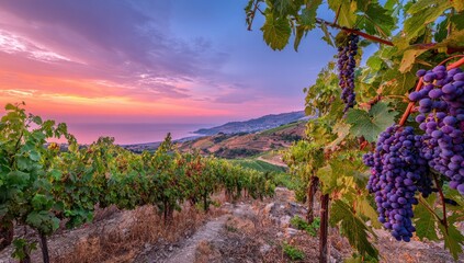 Naklejka premium Lush vineyard at sunset over a coastal vista