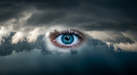 A close-up of a blue eye emerging from dark, cloudy skies, evoking mystery.