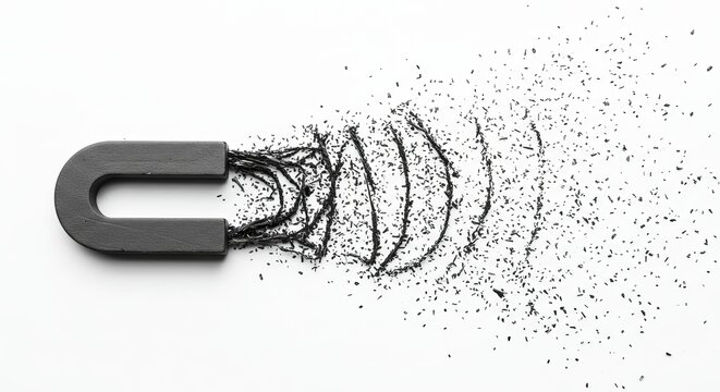 A black magnet with metal shavings creating a flowing motion effect.