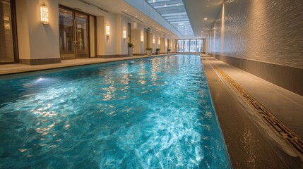 Obraz premium Beautiful photo of indoor pool with ripples and a lane divider.