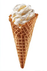 A vanilla ice cream cone with a waffle cone standing upright against a white background