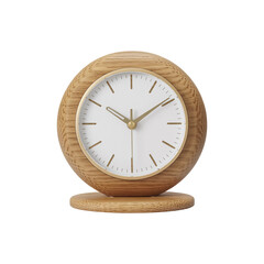 A minimalist desk clock with a round wooden frame made of light oak wood with visible wood grain texture. Isolated on a transparent background.