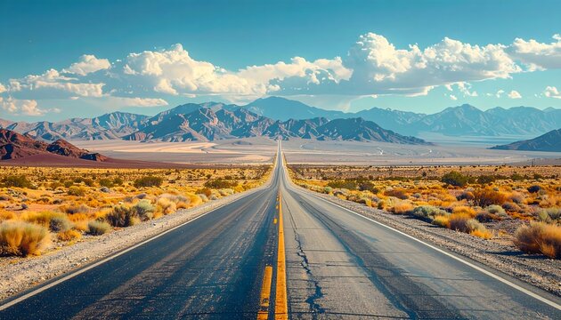 Vast desert highway stretching to distant mountains under a blue sky, symbolizing journey, travel, and open road adventure