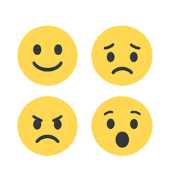 Fototapeta premium Set of four yellow emoji faces showing happy, sad, angry, and surprised expressions in flat vector style