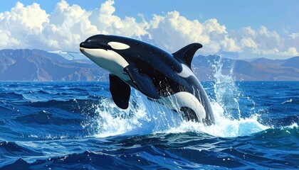 Obraz premium A majestic orca breaches the ocean's surface against a backdrop of dramatic mountain ranges and a vibrant sky, showcasing the beauty of marine life.