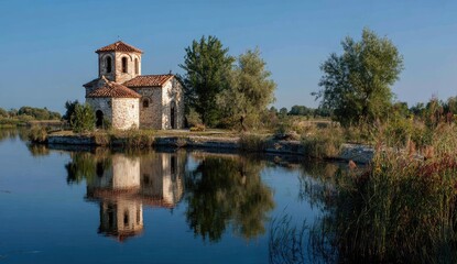 Fototapeta premium Old stone church by a calm lake, reflected perfectly