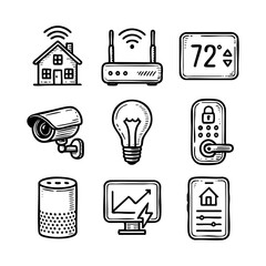 Smart Home Device Vector Set – Modern Icons of Smart Speaker, Security Camera, Smart Bulb, Thermostat, and Wireless Technology