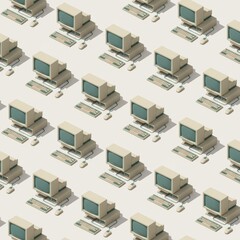 A repeating pattern of vintage beige computers and keyboards