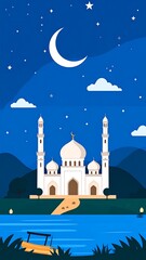 Mosque at night by a river