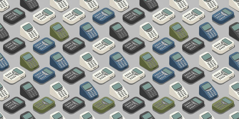 A repeating pattern of vintage style calculators in various colors