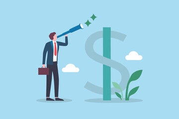Businessman with telescope looking for financial growth and opportunities near a large dollar sign