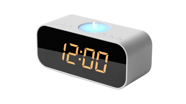 A modern digital alarm clock with a white rectangular body and rounded edges. Isolated on a transparent background.
- Powered by Adobe