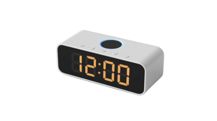 A modern digital alarm clock with a white rectangular body and rounded edges. Isolated on a transparent background.