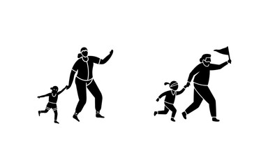 Two silhouette illustrations depicting a parent holding a child's hand and running on a white background