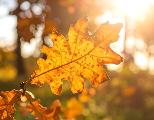 Fototapeta premium Autumn leaf bathed in sunlight