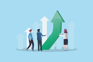 Teamwork and collaboration driving business growth and success with upward trending arrows