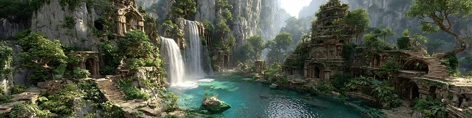 Fototapeta premium Crystal-clear waterfalls flowing through abandoned green tech ruins teal theme