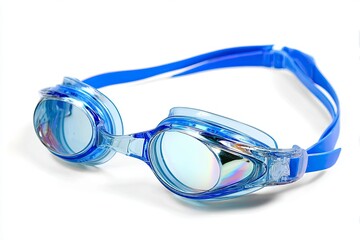 Blue swimming goggles with mirrored lenses rest on a white background