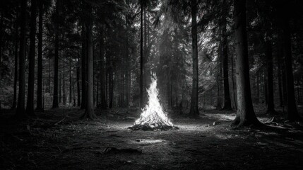 Naklejka premium Bonfire blazes brightly in a dark, dense forest, tall trees casting long shadows