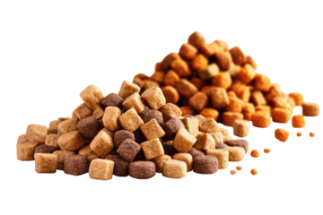 Two piles of small, square, light brown and dark brown crunchy treats