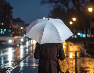 Generated image - A person with a grey umbrella walking down a street on dark rainy night