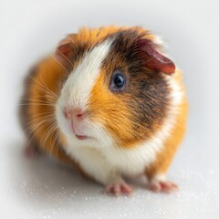 Close-up of a guinea pig, orange and white, looking curious