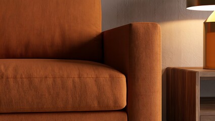 Close up of a comfortable burnt orange armchair with a warm lamp glow
