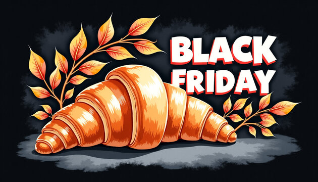 Croissant with Black Friday Text and Autumn Leaves, Bakery Promotion and Seasonal Sale
