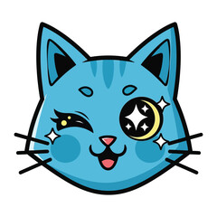 Celestial Kitty: A whimsical cartoon rendering of a blue cat winking and adorned with celestial elements, its starry eye and crescent moon exuding charm and playfulness.