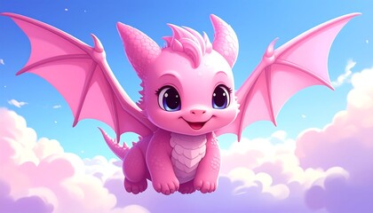 Cute pink dragon soaring through soft clouds