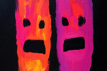 Abstract painting featuring two faces with exaggerated expressions in vibrant orange and pink colors against a black background