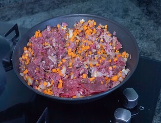 Close-up of raw beef with chopped vegetables, including onion and carrot, cooking in a frying pan on a modern kitchen stove. Fresh home-cooked food preparation concept.