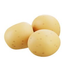3D illustration of two organic potatoes with yellow skin, isolated on white background, fresh healthy root vegetables for cooking and nutrition.