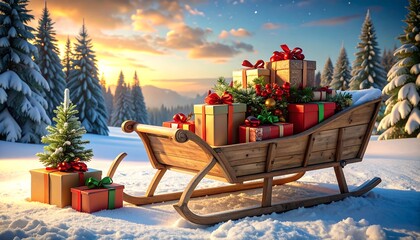 Christmas sleigh loaded with presents in snowy landscape