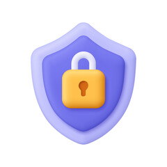 Fototapeta na wymiar Purple shield with a yellow padlock. Security, protection, data privacy, cybersecurity, encryption and internet safety concept. 3d vector icon. Cartoon minimal style.