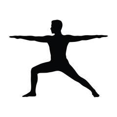 Silhouette of a person in a warrior yoga pose with arms extended horizontally