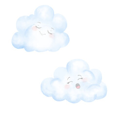 Fluffy clouds yawn and sleep. watercolor illustration. A set of cute clouds with eyes, isolated on white background. For children's books, invitations, for printing on children's clothes and textiles