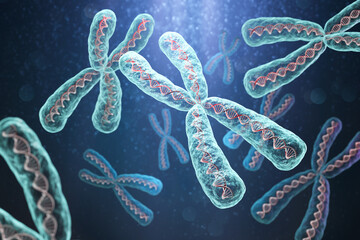 Chromosomes with DNA double helix molecule, Science biotechnology, 3d illustration