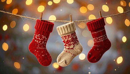 Christmas stockings hanging on a string, soft focus